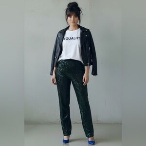 8 by YOOX Green Iridescent Sequin Straight-Leg Pants | Size 8 | Made in Italy